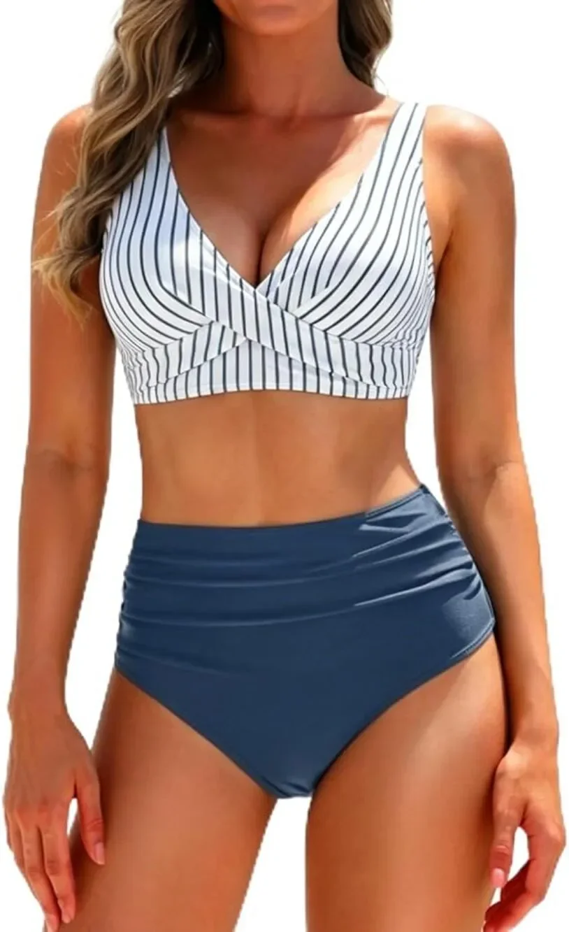 Yonique Womens Two-Piece NWT Swimsuit Blue Striped Large